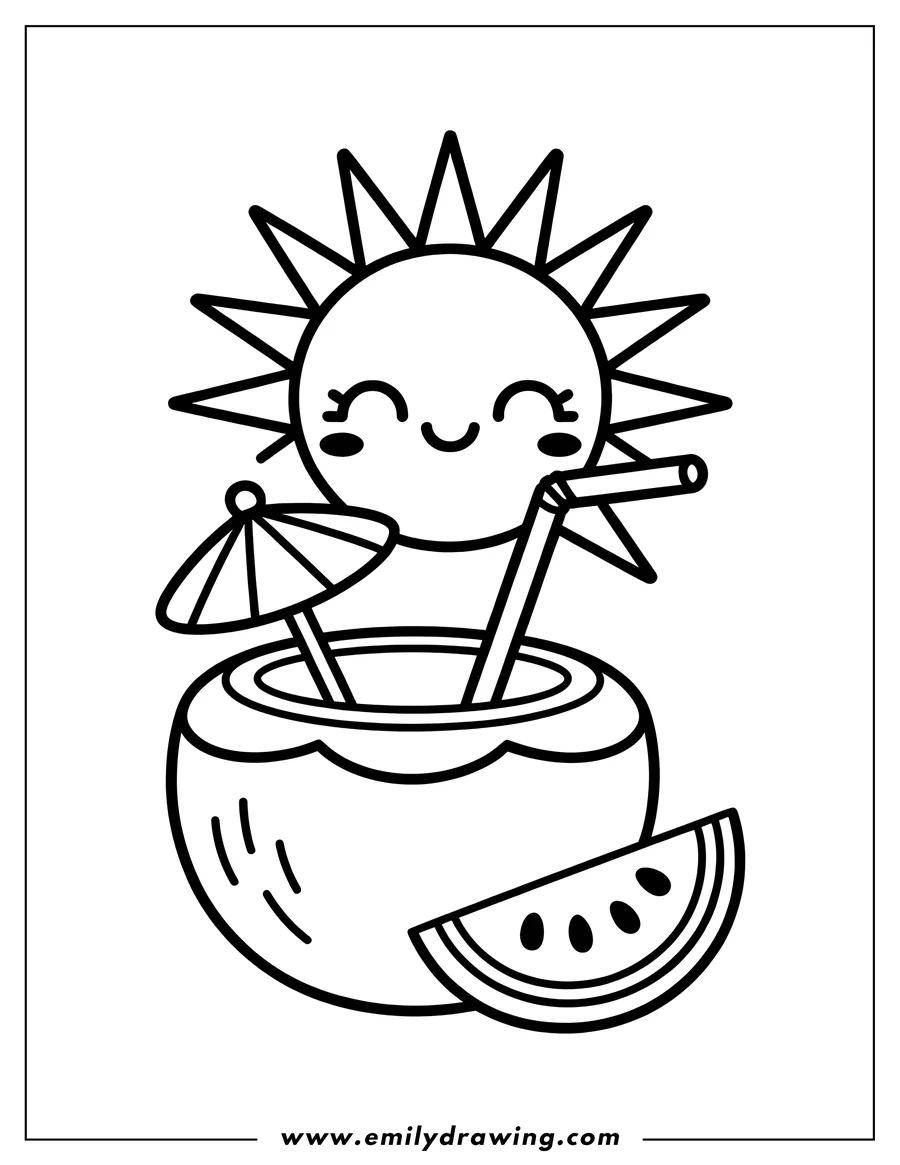 Line art of a cute, smiling sun character hovering above a coconut drink adorned with a straw and a small umbrella. A slice of watermelon rests next to the coconut.