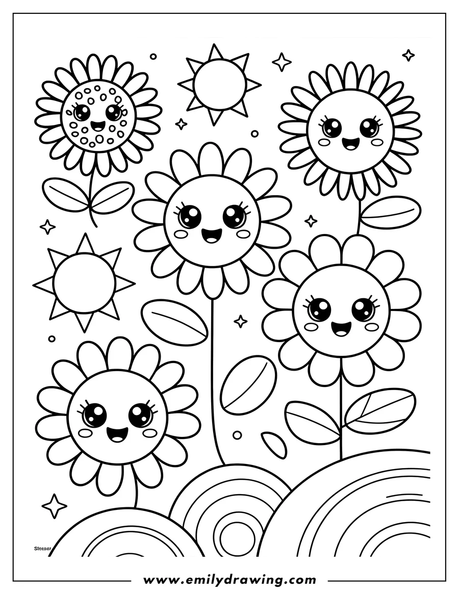Outline of multiple kawaii sun flowers with happy faces and stems, surrounded by two simple sun outlines and decorative star shapes in a whimsical garden scene.
