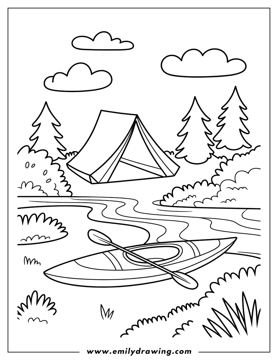 Outline of a kayak with a paddle near a campsite with a tent, trees, and bushes along a riverbank.