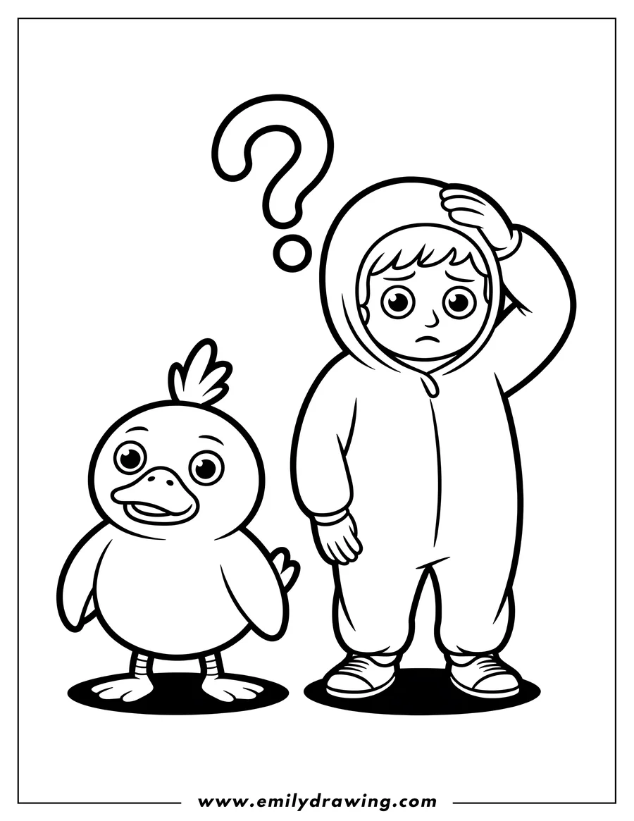 Outline of a child in a duck costume with a confused expression, hand on head, standing next to a smiling cartoon duck, with a large question mark floating above the child's head.