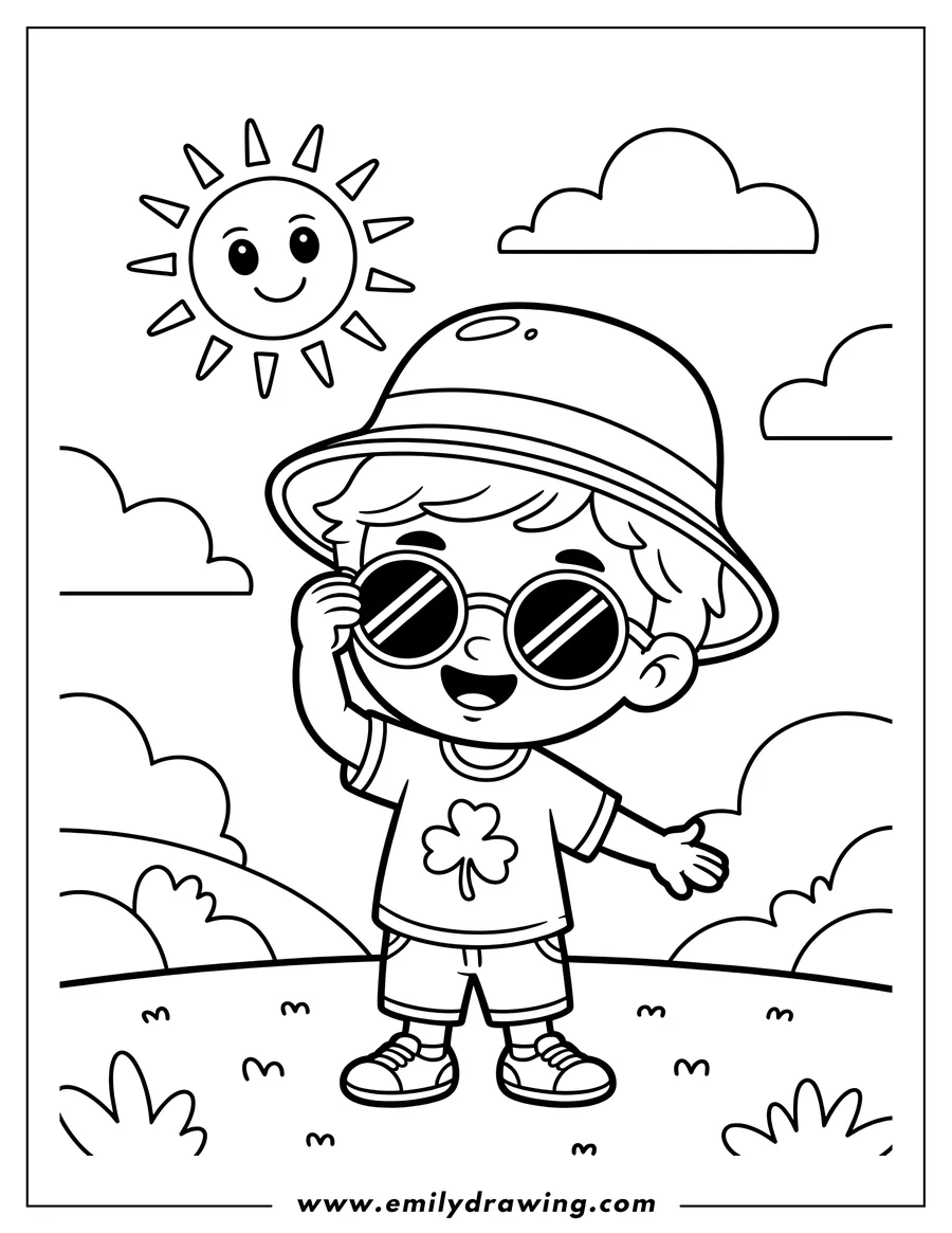 Outline of a young boy wearing a bucket hat and round sunglasses, standing outside on a grassy hill. A cute, smiling sun character is visible in the upper corner of the scene.