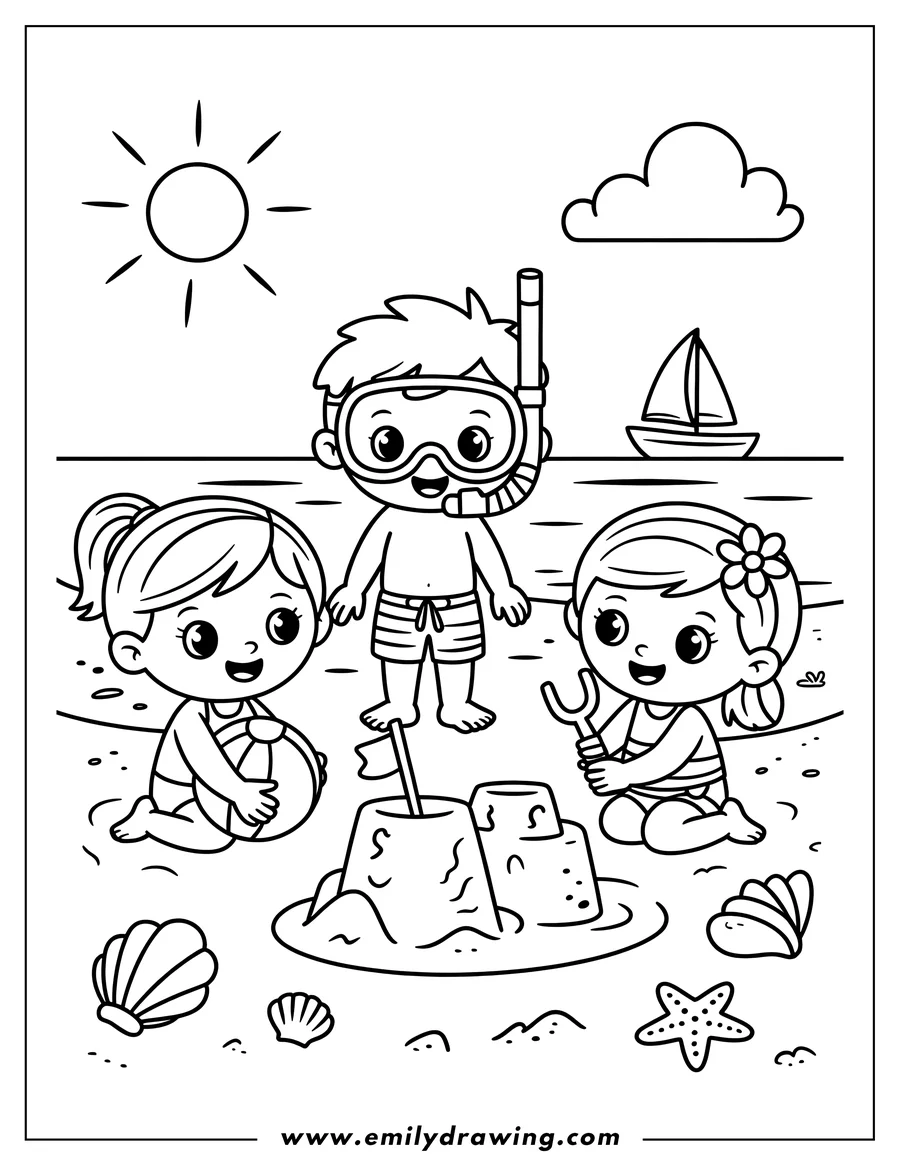 Line art of three children playing on a sunny beach, with one child wearing a snorkel mask, another holding a beach ball, and the third building sandcastles with a shovel. Seashells, a starfish, a sun, and a sailboat are also depicted.