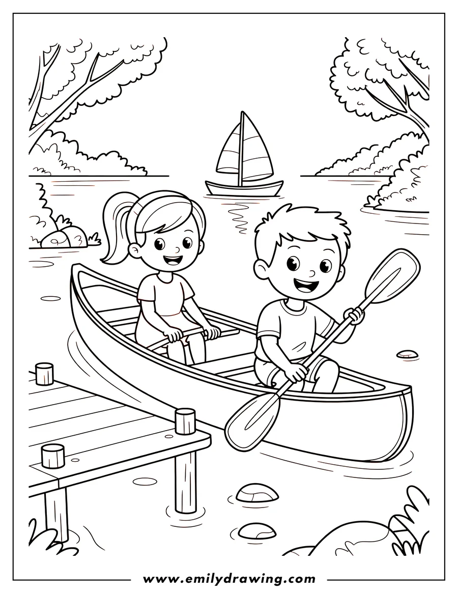 Outline of two children happily paddling a canoe on a lake, near a wooden dock and a sailboat in the distance.