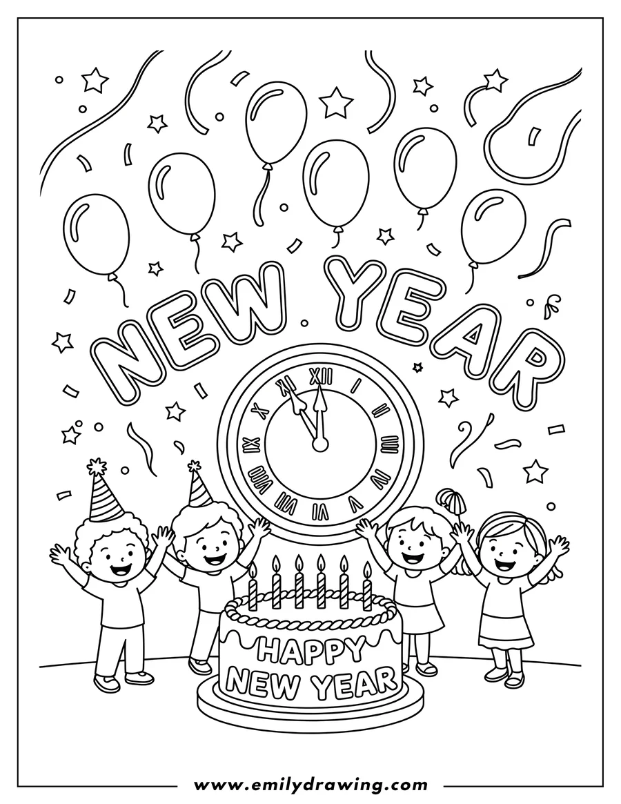 Line art of kids celebrating New Year with a cake, a clock showing midnight, balloons, and confetti.