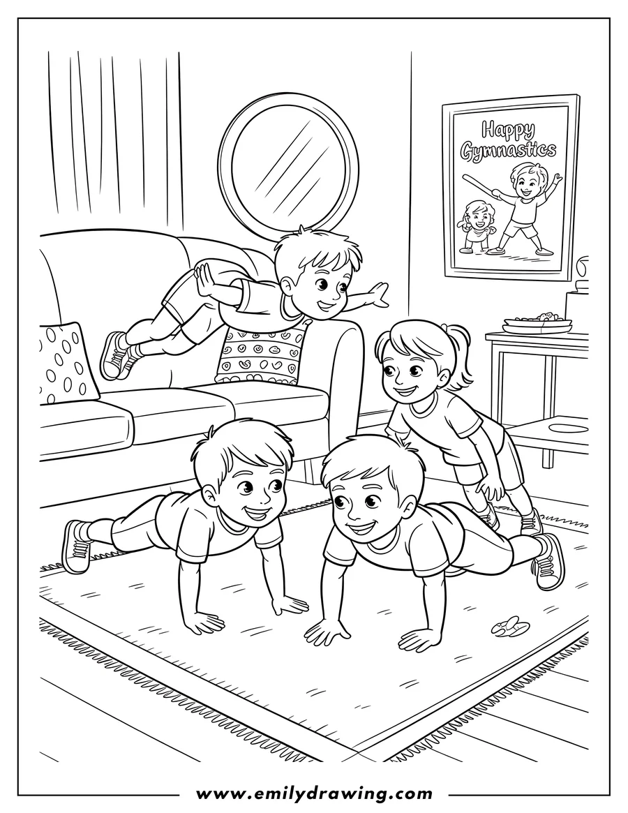 Line art of children playing gymnastics at home. One child balances on the sofa while others perform push-ups and a bridge on the floor.
