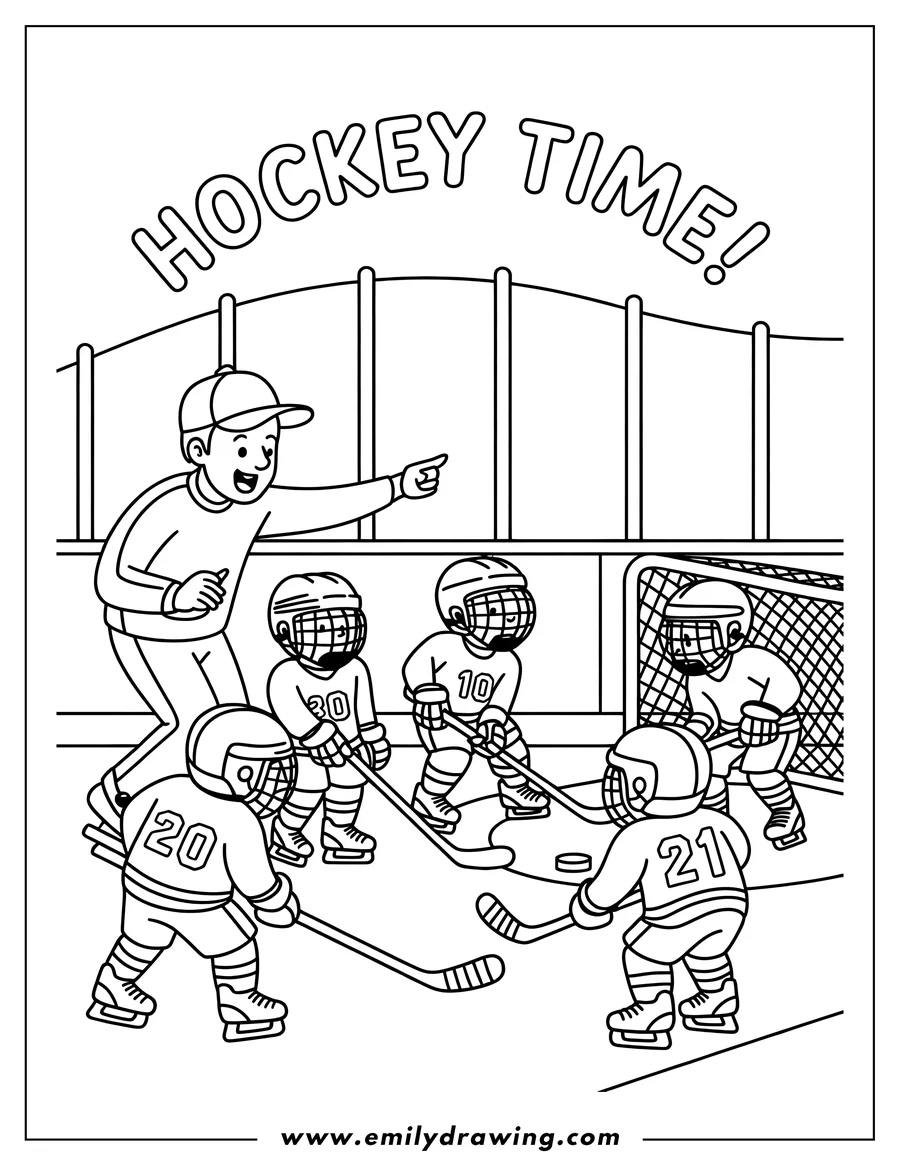 Line art of children playing hockey on an ice rink with a coach.