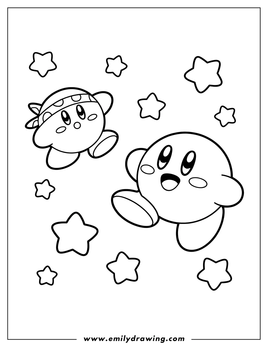 Line art of Kirby and Bandana Waddle Dee floating among several stars.