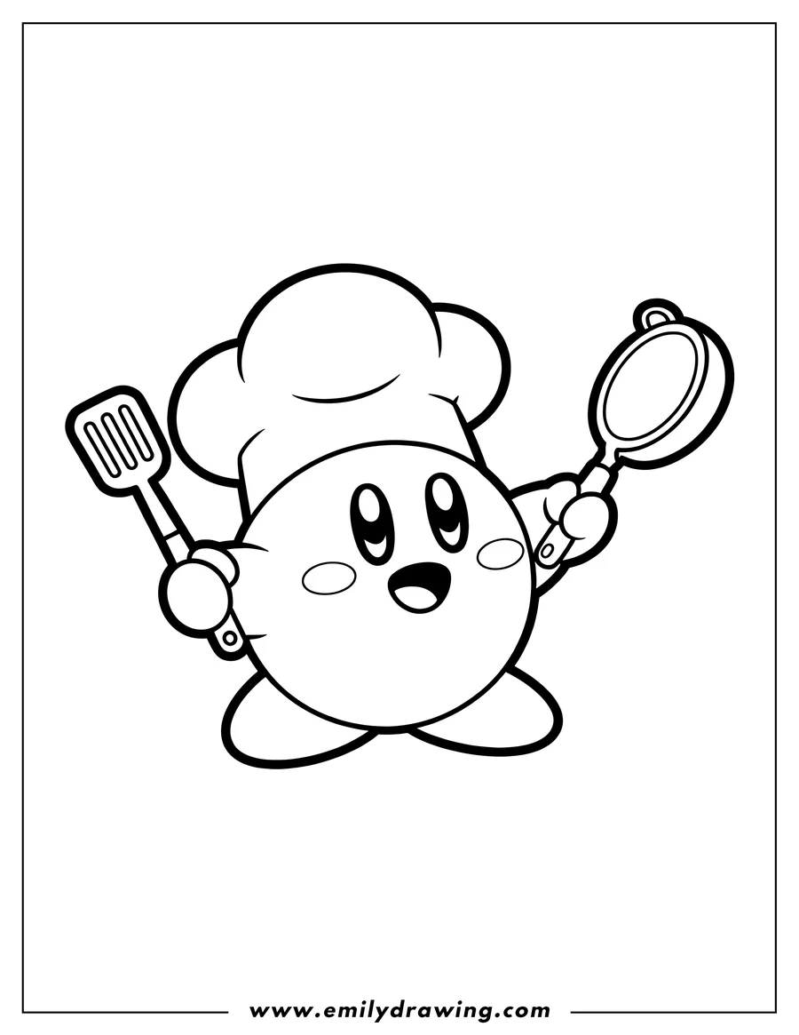 Line art of Kirby, the round character, wearing a chef's hat and holding a spatula in one hand and a frying pan in the other, smiling excitedly.