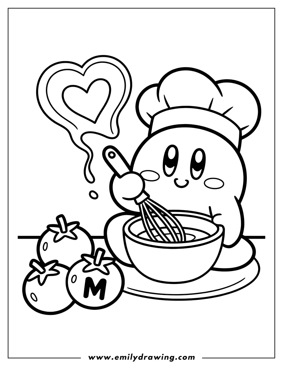 Line art of Kirby as a chef, wearing a chef hat and happily whisking something in a bowl. Three tomatoes are on the left, one with a letter 'M', and a heart shape with drips above Kirby's head.