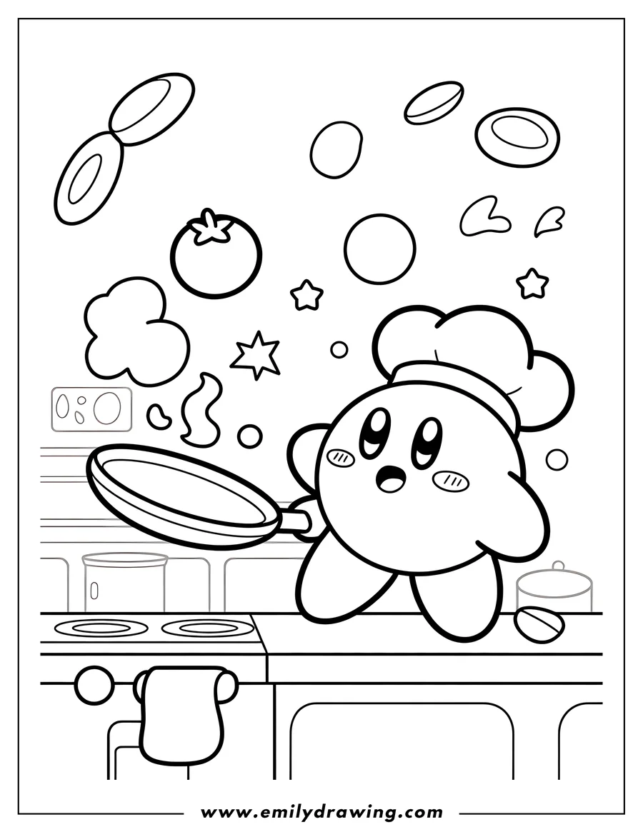 Line art of Kirby wearing a chef hat, holding a frying pan in a kitchen with a stove and counters. Ingredients like a tomato, floating circles, and stars are around him.