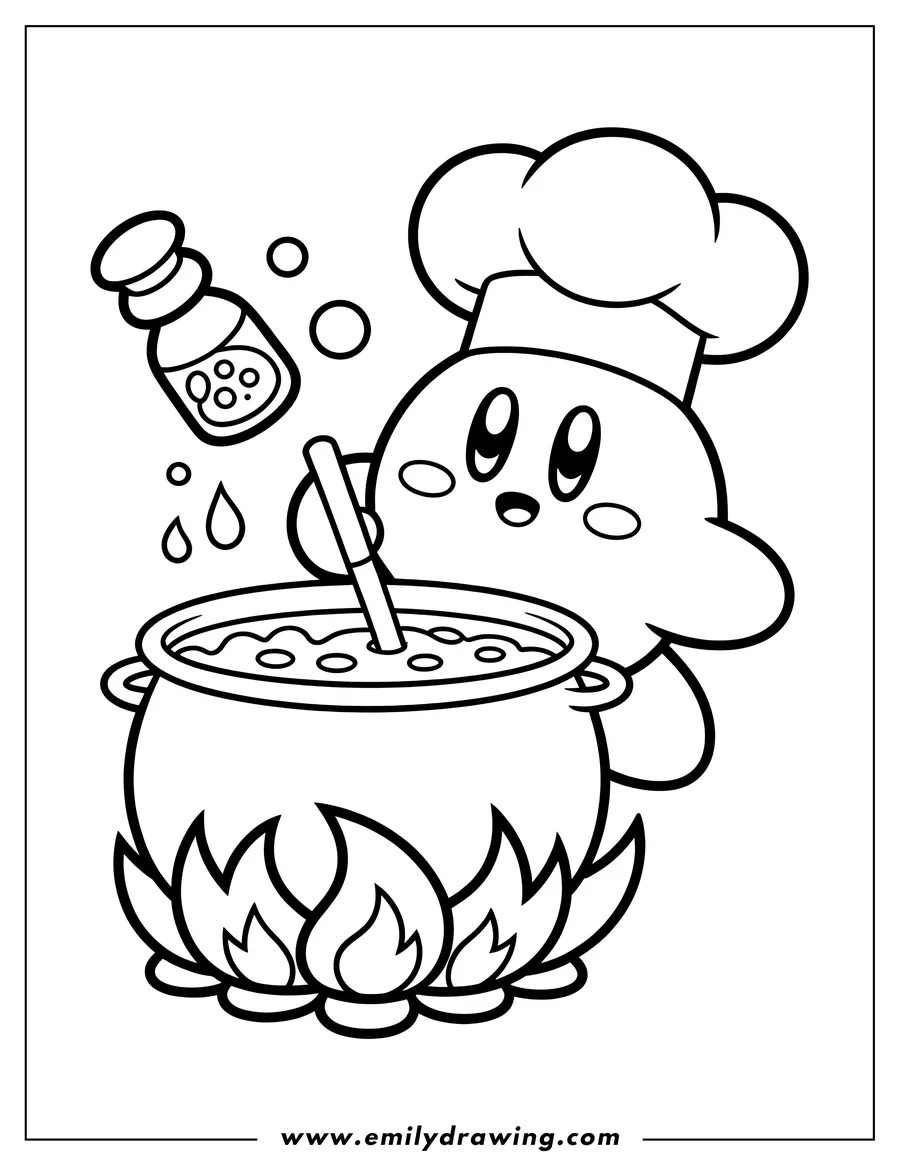 Line art of Kirby wearing a chef's hat, stirring a cauldron over flames, with a potion bottle floating nearby.
