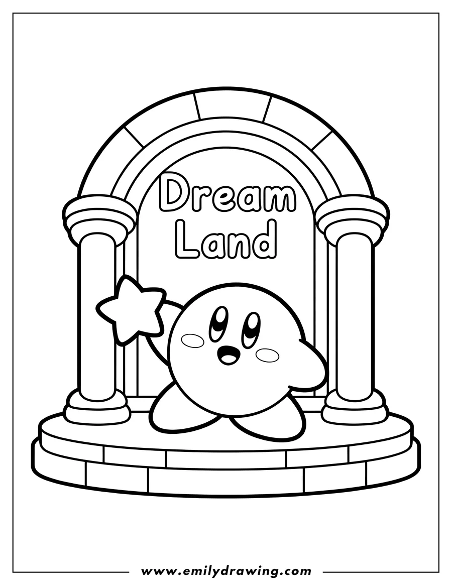 Line art of Kirby standing in an archway with two pillars. Above him, the words 'Dream Land' are written. Kirby is holding a star in his left hand and has a joyful expression.