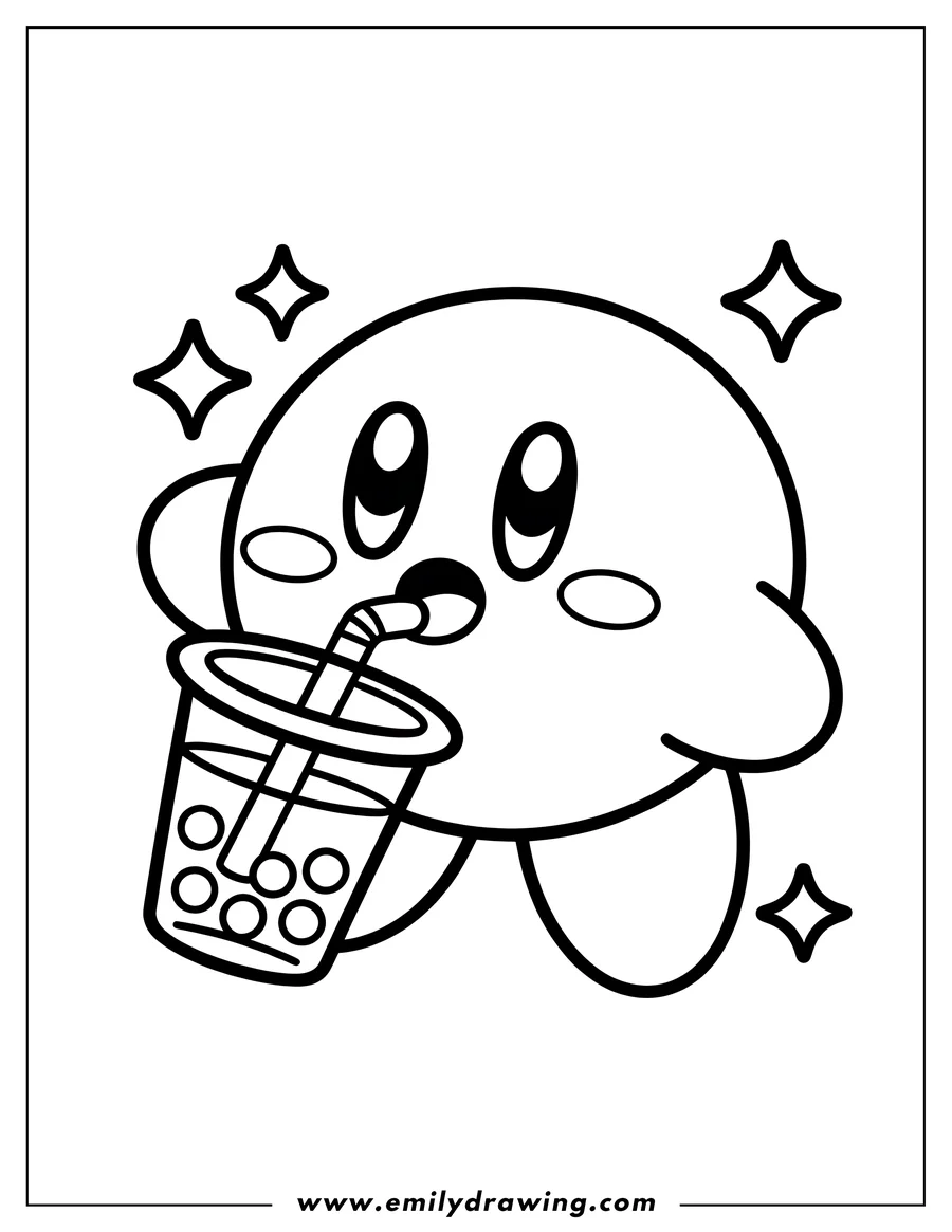 Outline of Kirby happily drinking bubble tea through a straw, with sparkling shapes around him.