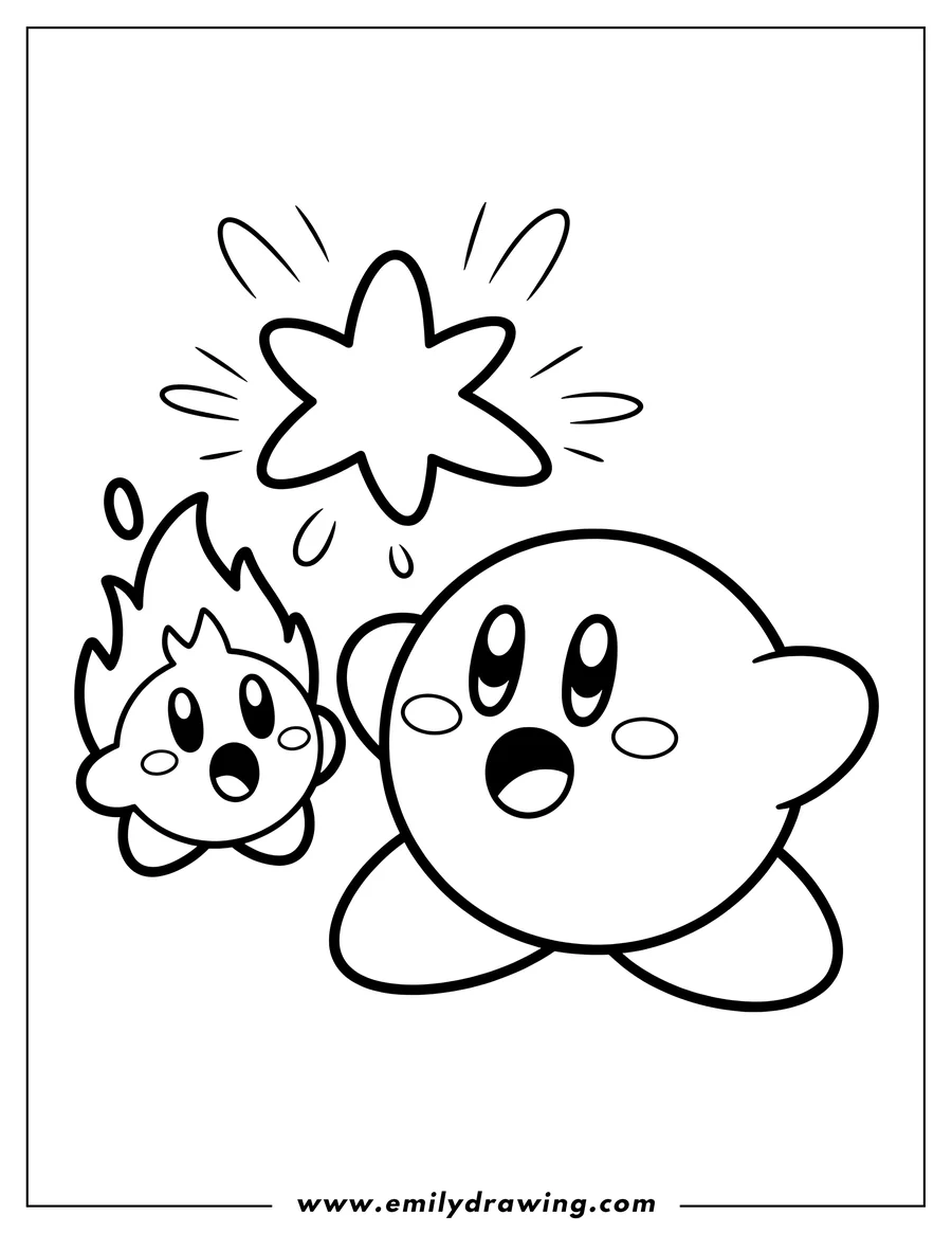 Line art of Kirby and a small round fiery character with open mouths, looking surprised, with a starburst shape above them.