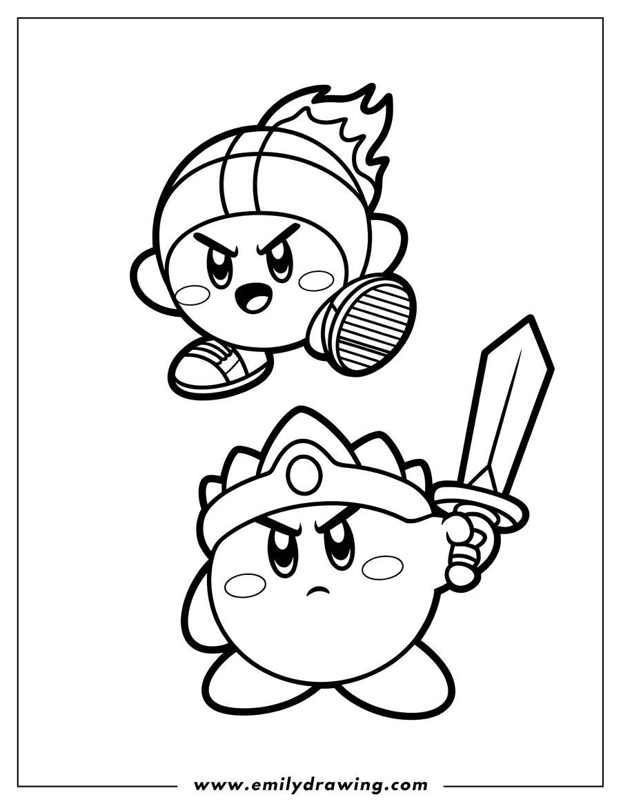 Line art of two Kirbys, one flying with a fire helmet and another holding a sword with a crown on its head.