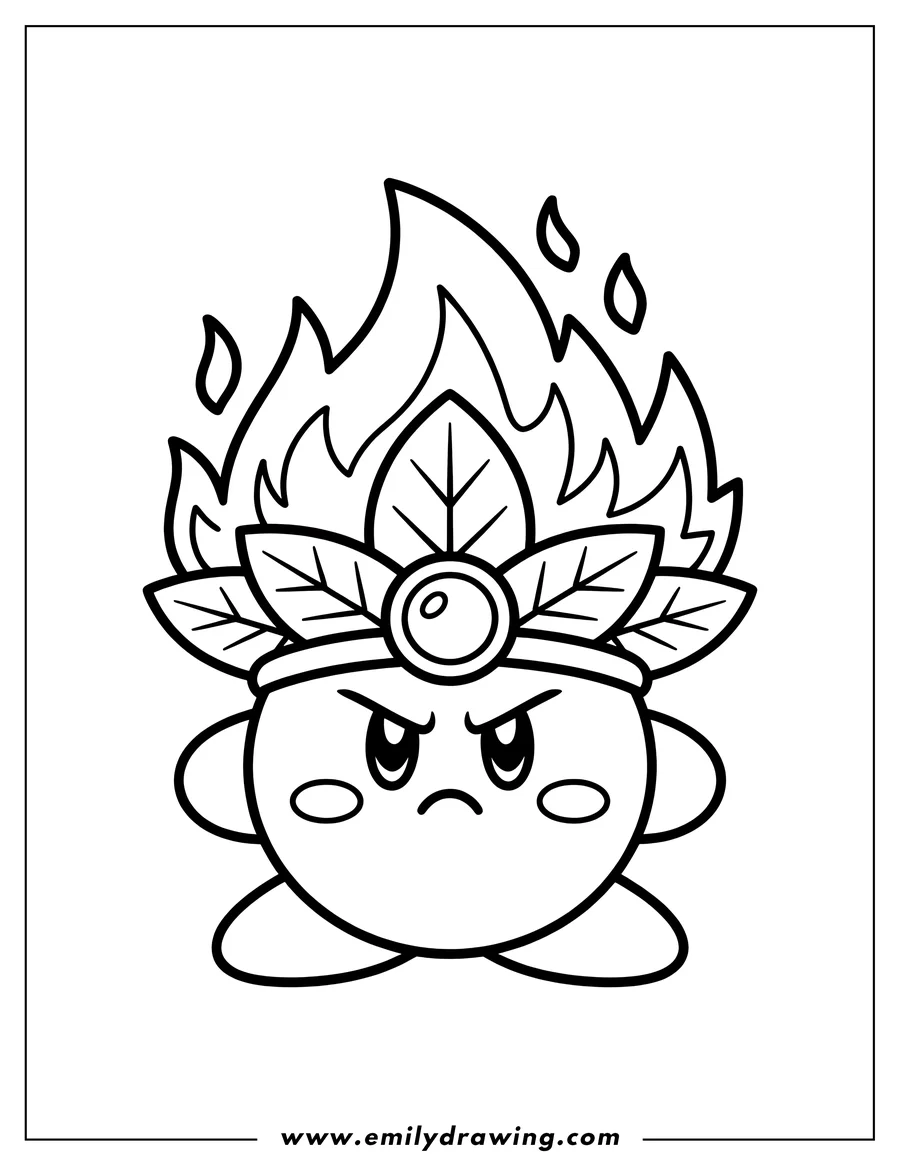 Line art of Kirby, the round pink character, wearing a leaf crown with a gem, and flames rising from behind the crown. Kirby has a grumpy expression.