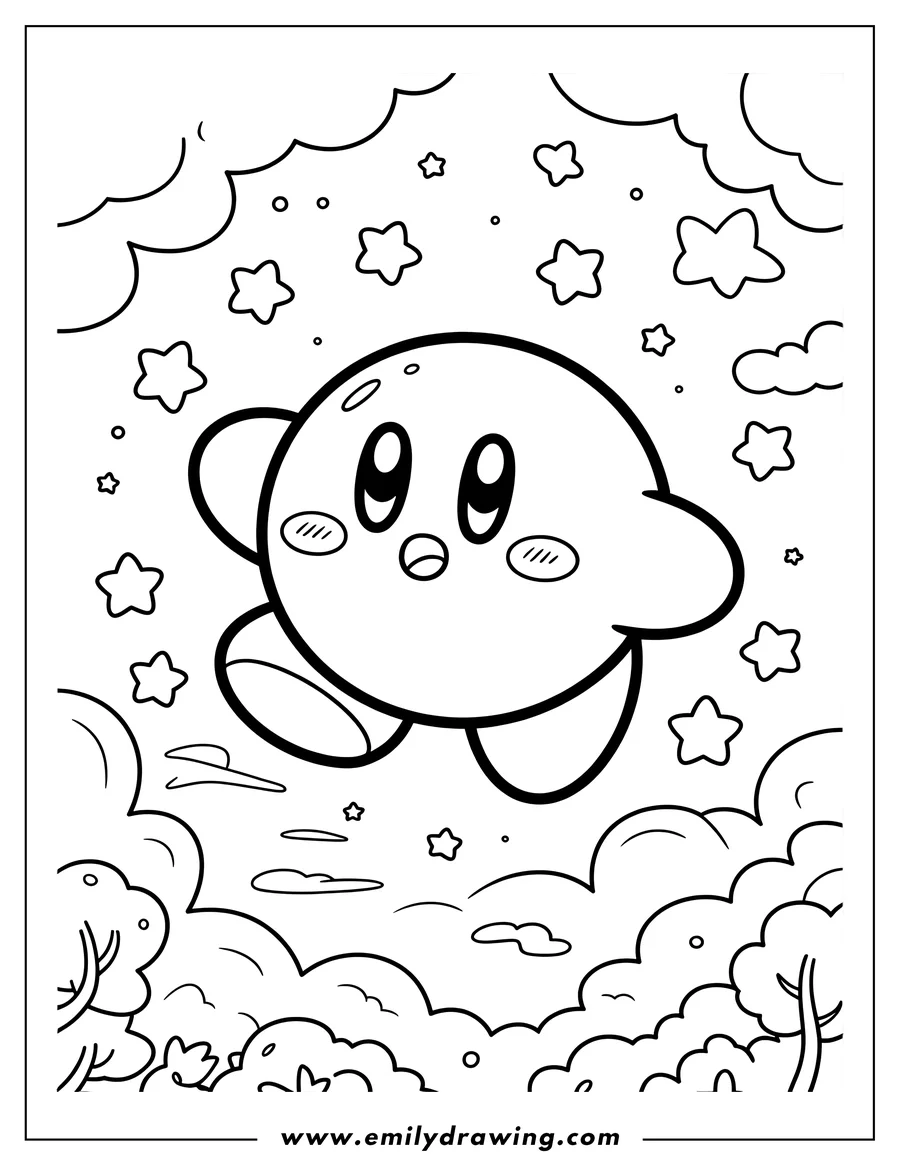 Line art of Kirby floating in a sky filled with clouds and stars, ready to be colored.