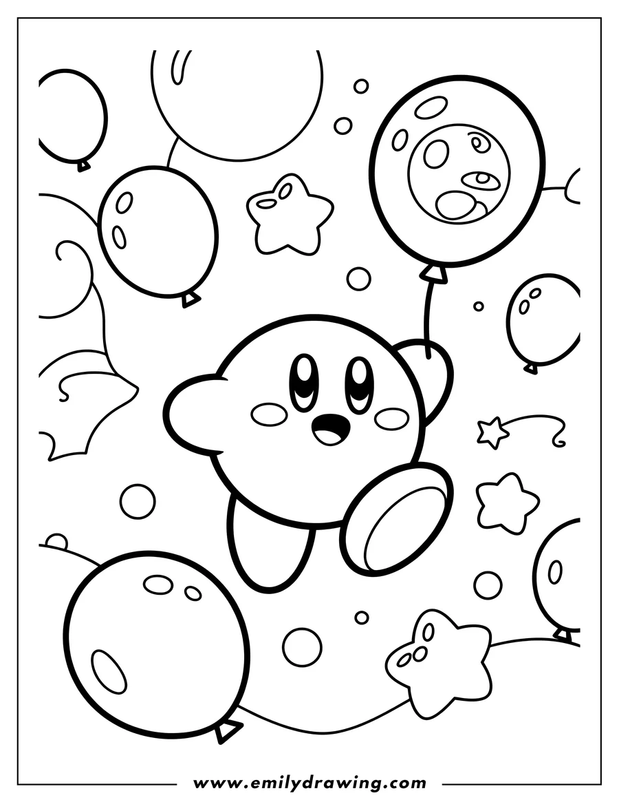 Kirby, the pink puffball character, floating with a moon-patterned balloon, surrounded by other balloons and small stars.