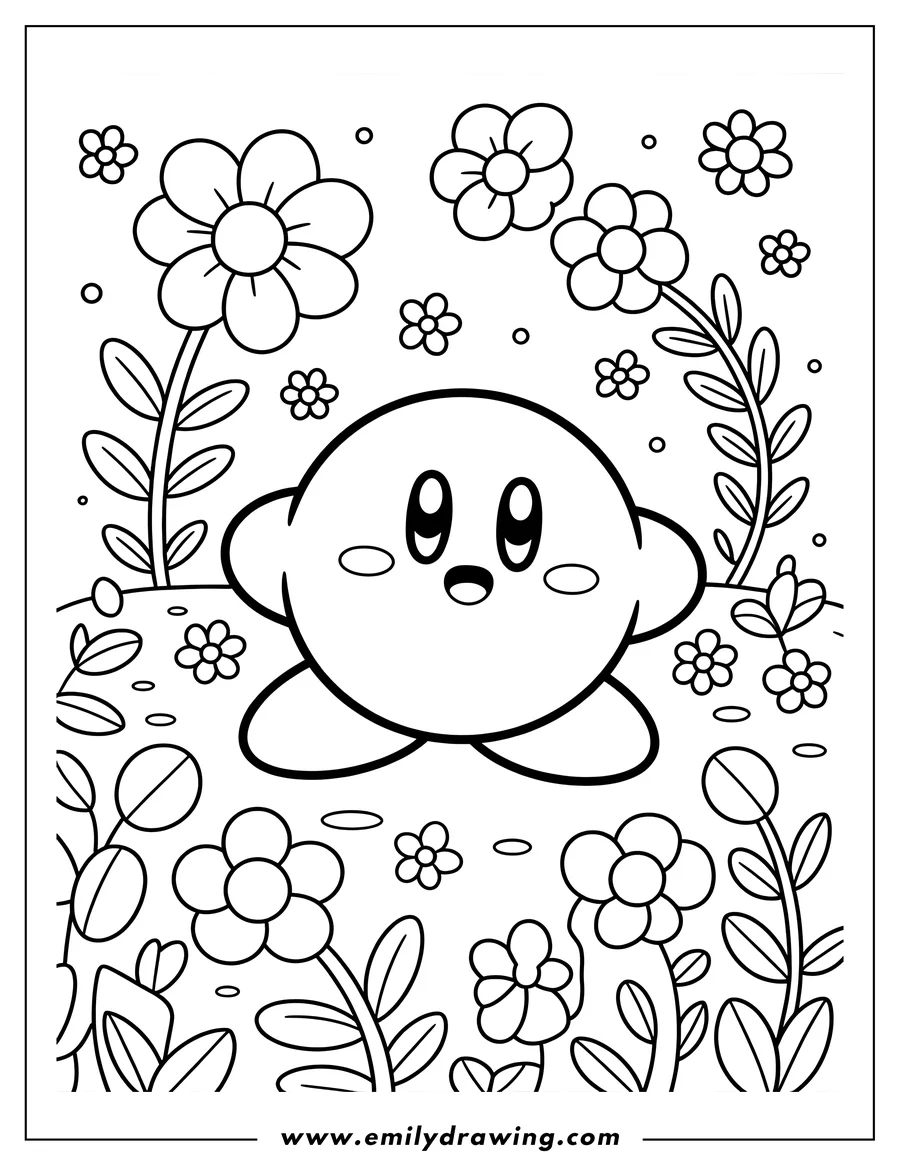 Line art of Kirby sitting in a field surrounded by various blooming flowers and leafy plants.