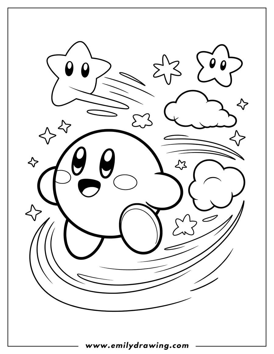 Line art of Kirby, a round character, flying through the air with speed lines, surrounded by stars and clouds.