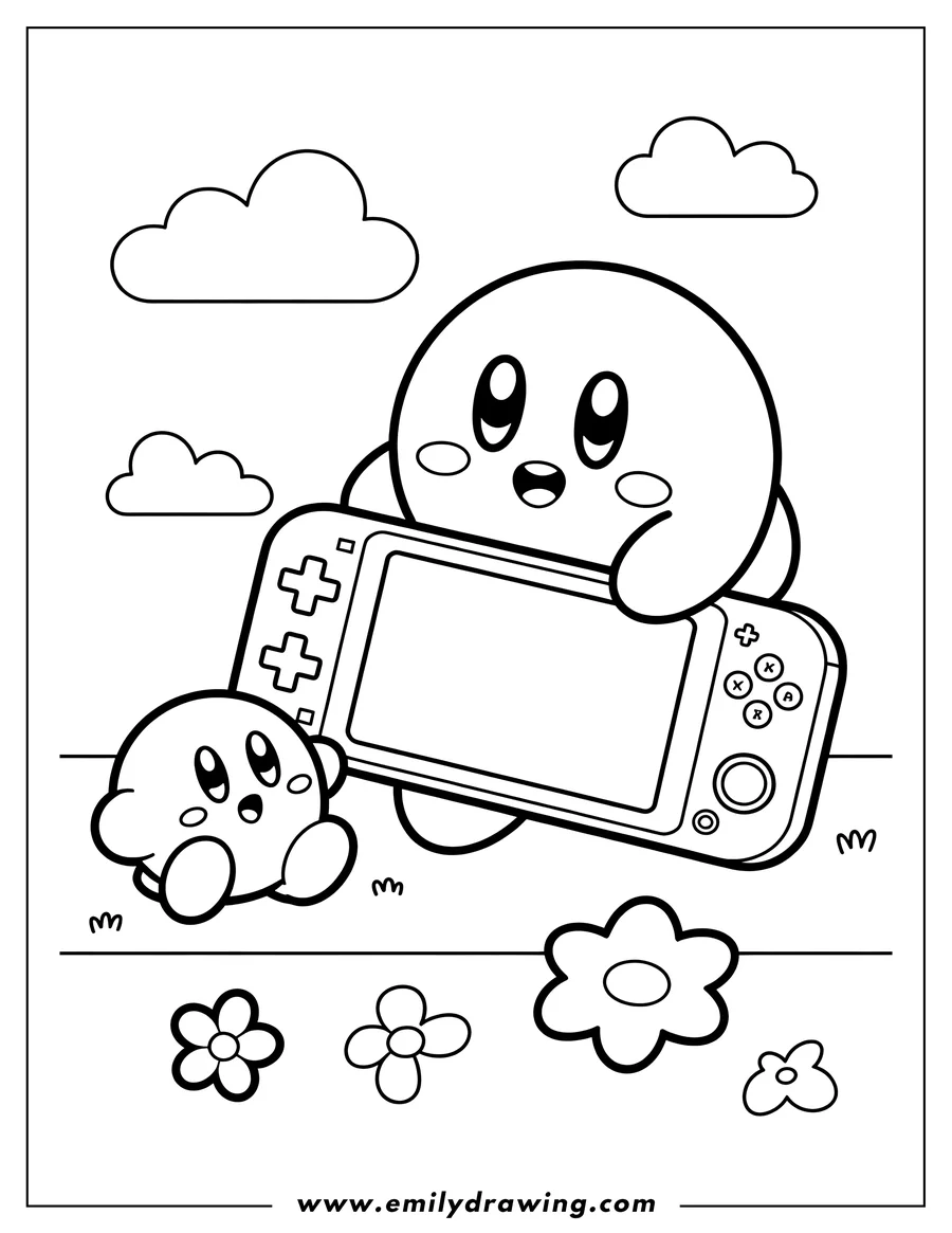 Line art of a large Kirby holding a gaming console, with a smaller Kirby friend sitting next to it. Clouds float in the sky and simple flowers are on the ground.