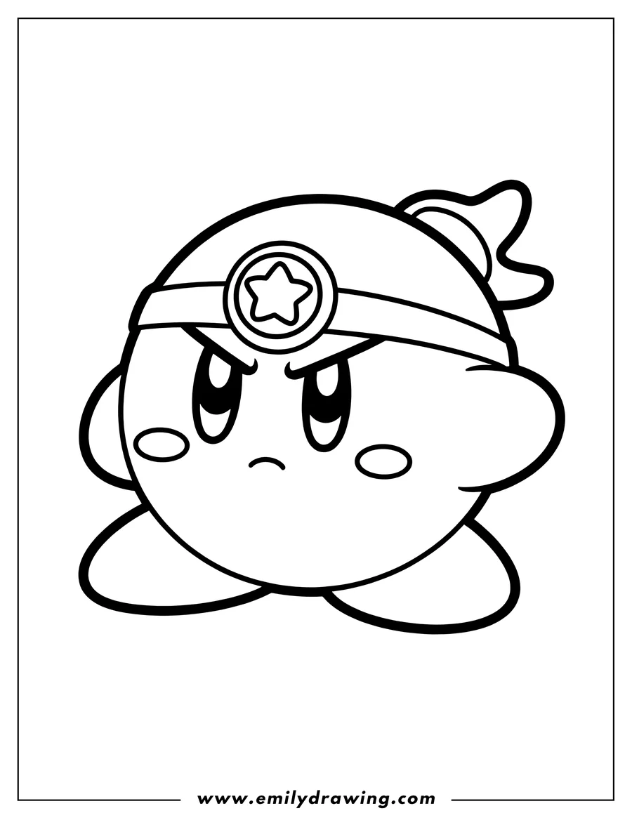 Line art of Kirby wearing a headband with a star emblem, looking determined.