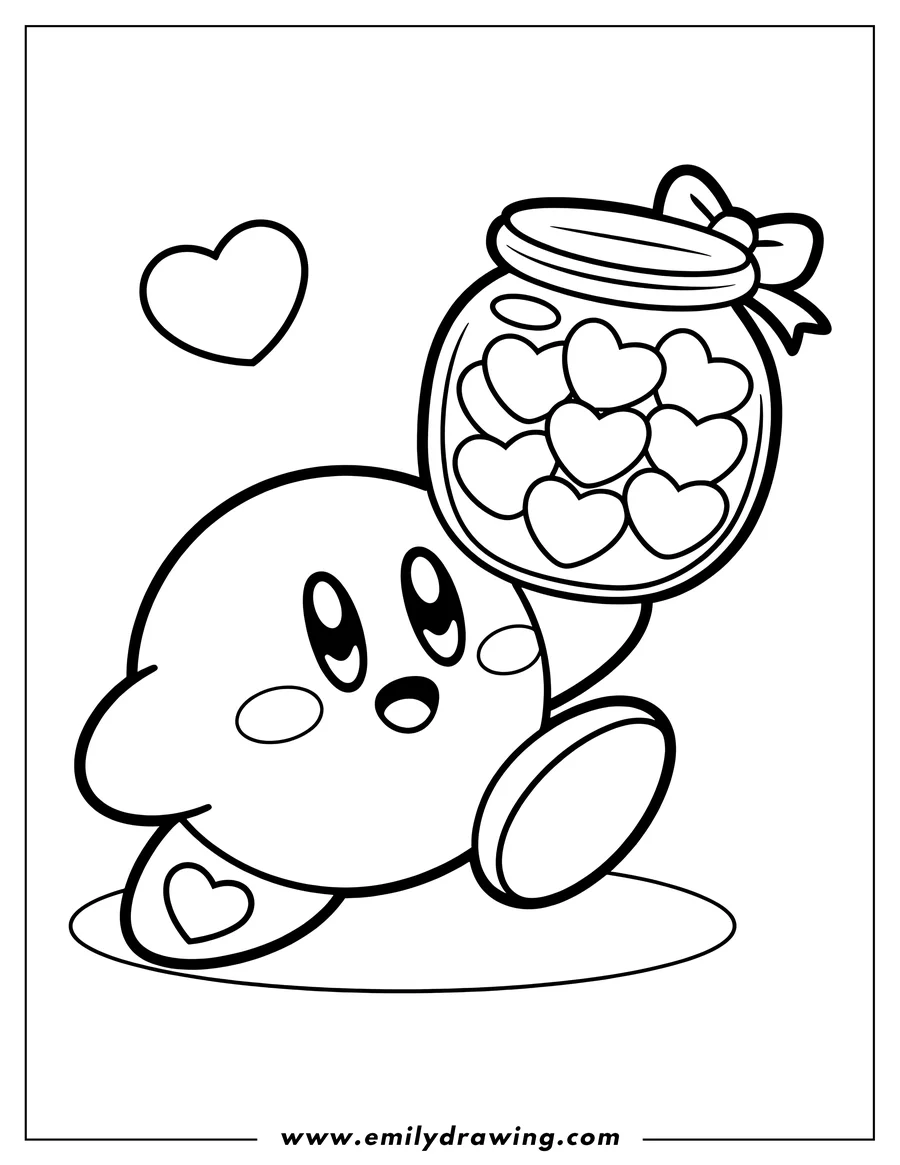 Kirby, the round, pink video game character, holding a jar filled with heart-shaped candies, with a single heart floating nearby.