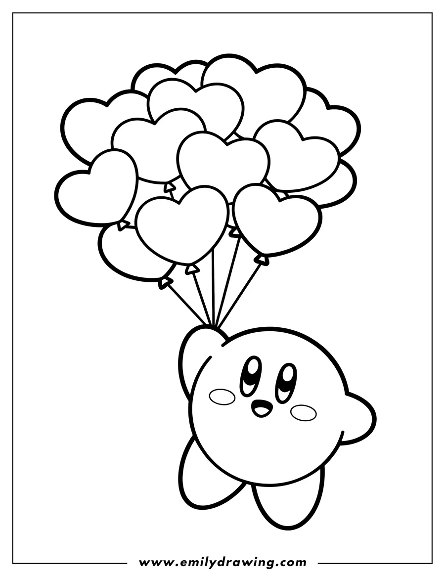 Line art of Kirby floating upwards while holding a large bunch of heart-shaped balloons.