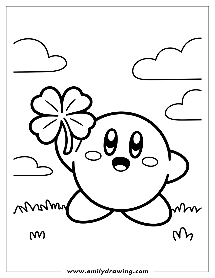 Line art of Kirby, the pink puffball character, holding a large four-leaf clover or shamrock in his hand, standing in grass with clouds in the background.