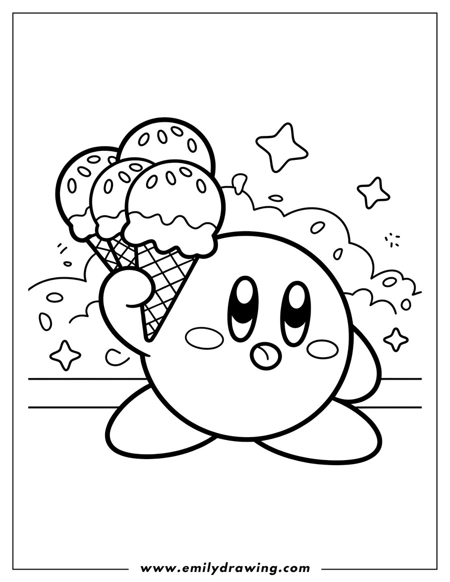 Line art of Kirby, the round pink character, happily holding three ice cream cones with sprinkles. Stars and wisps are floating around him.
