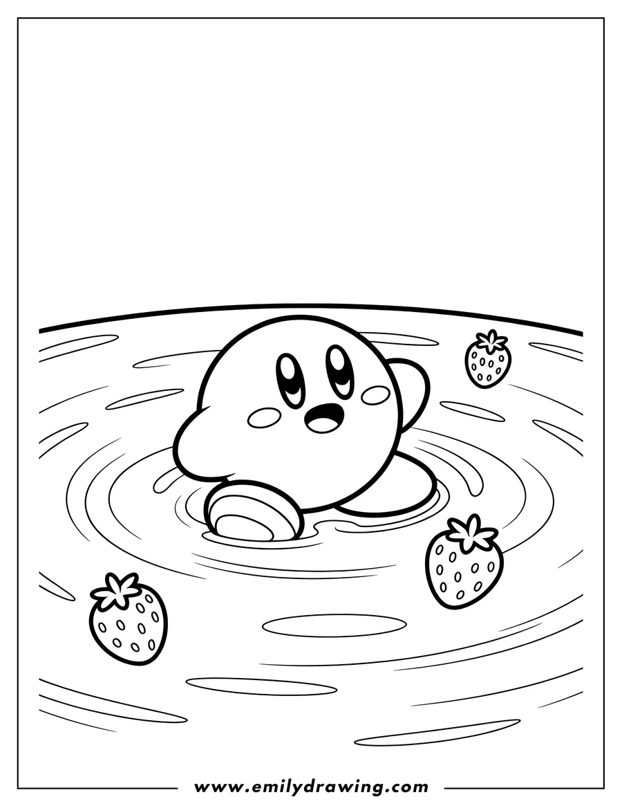 Outline of Kirby floating in water, with three strawberries floating around him, creating ripples.