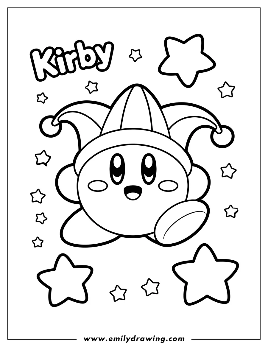 Line art of Kirby wearing a jester hat, surrounded by various-sized stars, with the name 'Kirby' at the top.