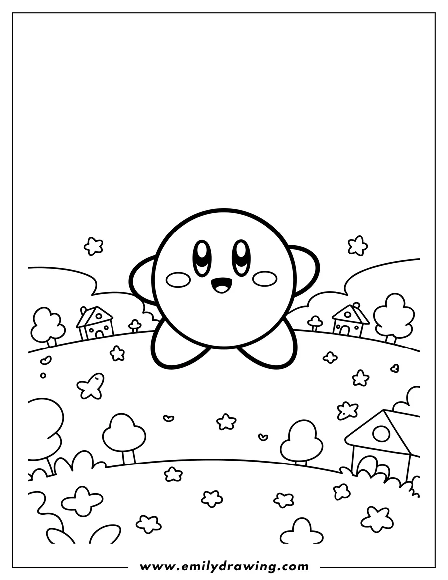 Line art of Kirby floating over a hilly landscape with small houses, trees, and tiny stars and hearts scattered around.