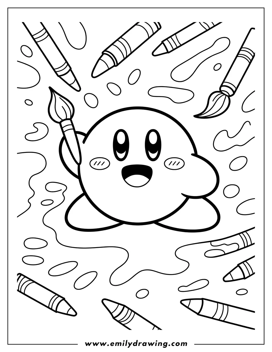 Outline of Kirby holding a paintbrush, surrounded by various crayons and paint splatters.