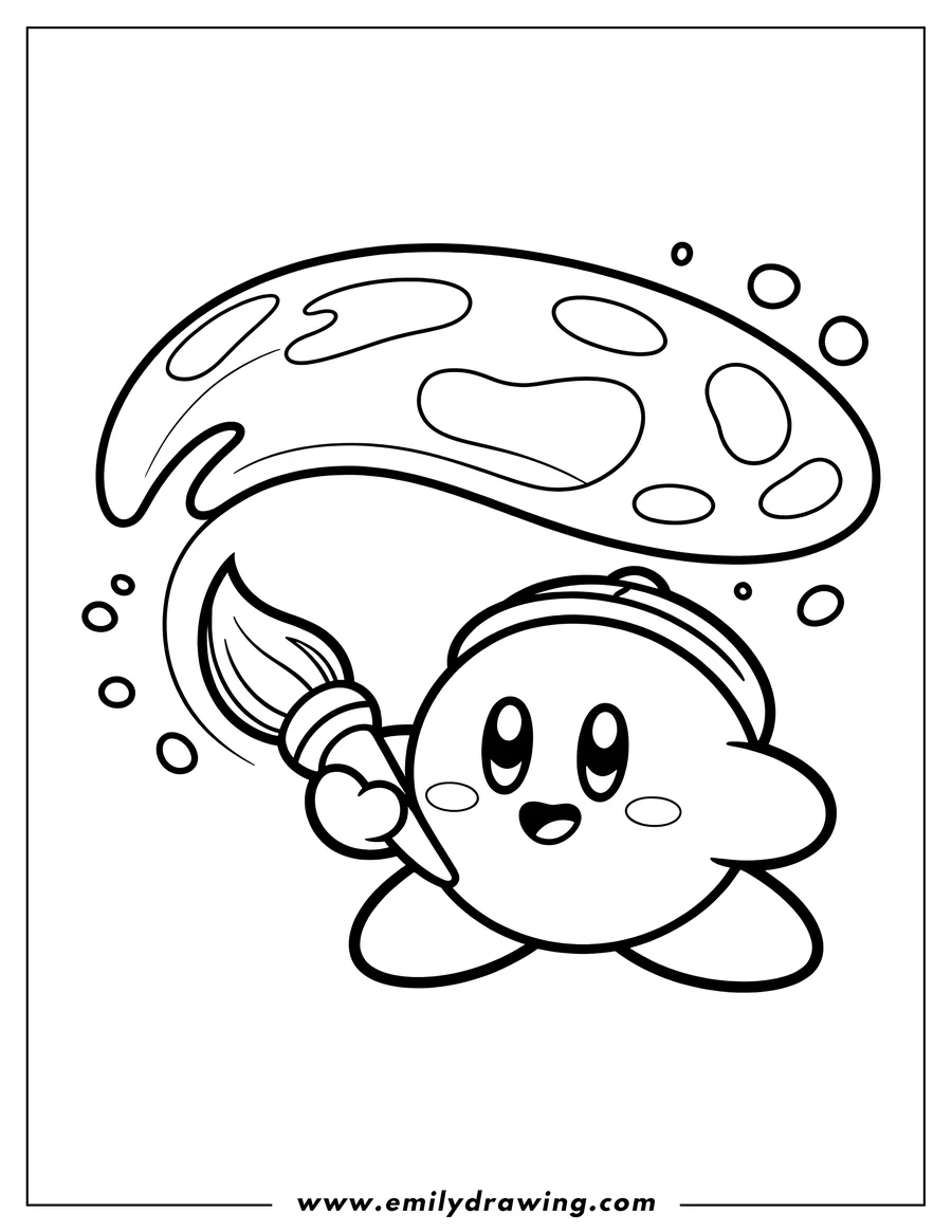 Outline of Kirby wearing a beret and holding a paintbrush, with a large artist's palette floating above him.