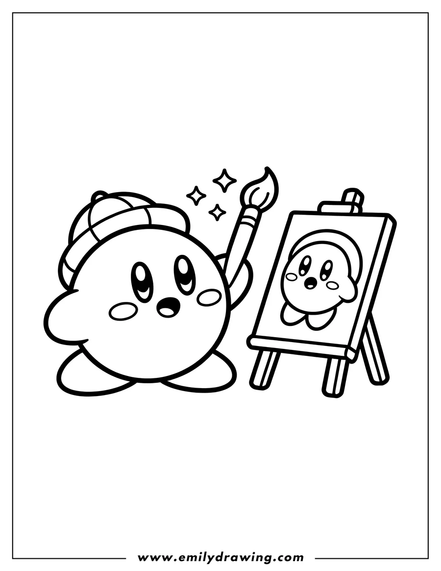 Outline of Kirby wearing a beret, holding a paintbrush and painting a self-portrait on an easel.