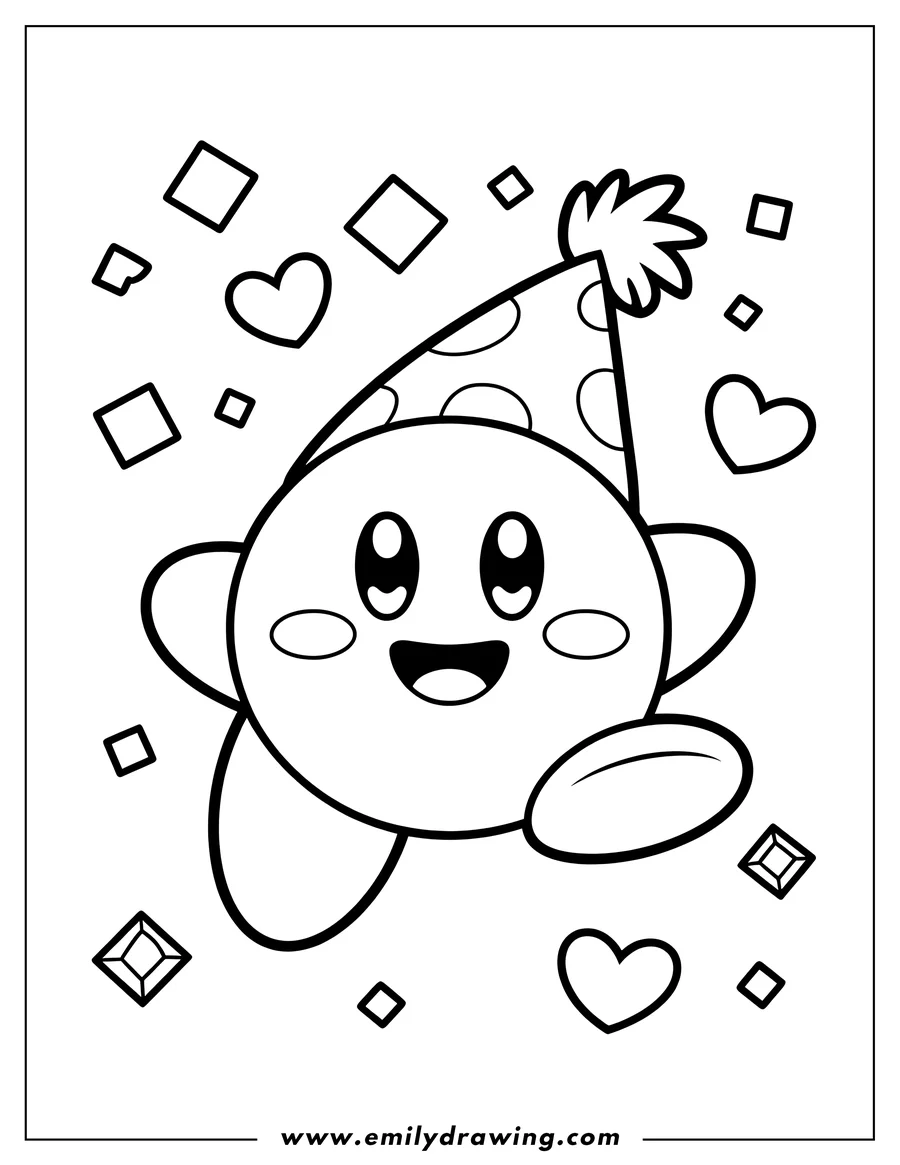 Line art of Kirby, the popular video game character, wearing a party hat with polka dots and a fluffy top, surrounded by floating hearts and square-shaped confetti.