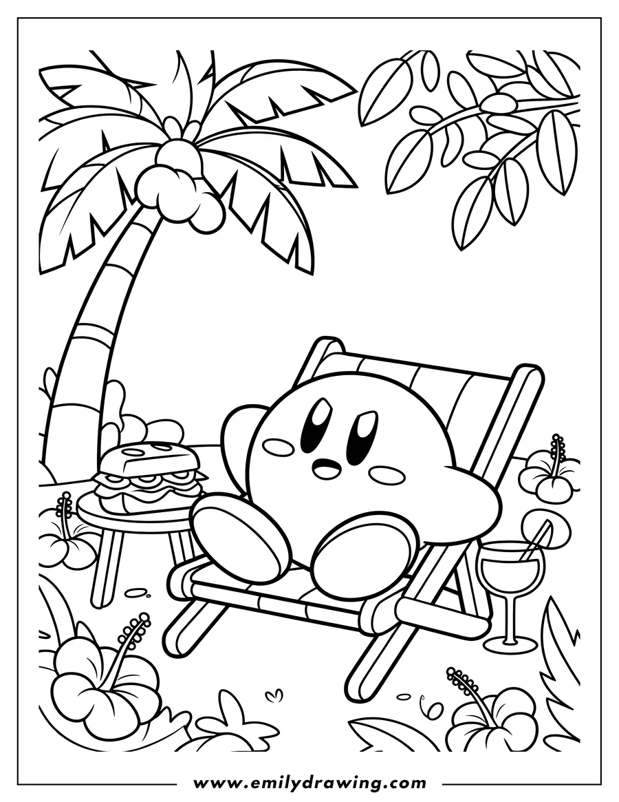 Line art of Kirby relaxing on a beach chair under a palm tree with a sandwich and drink nearby.