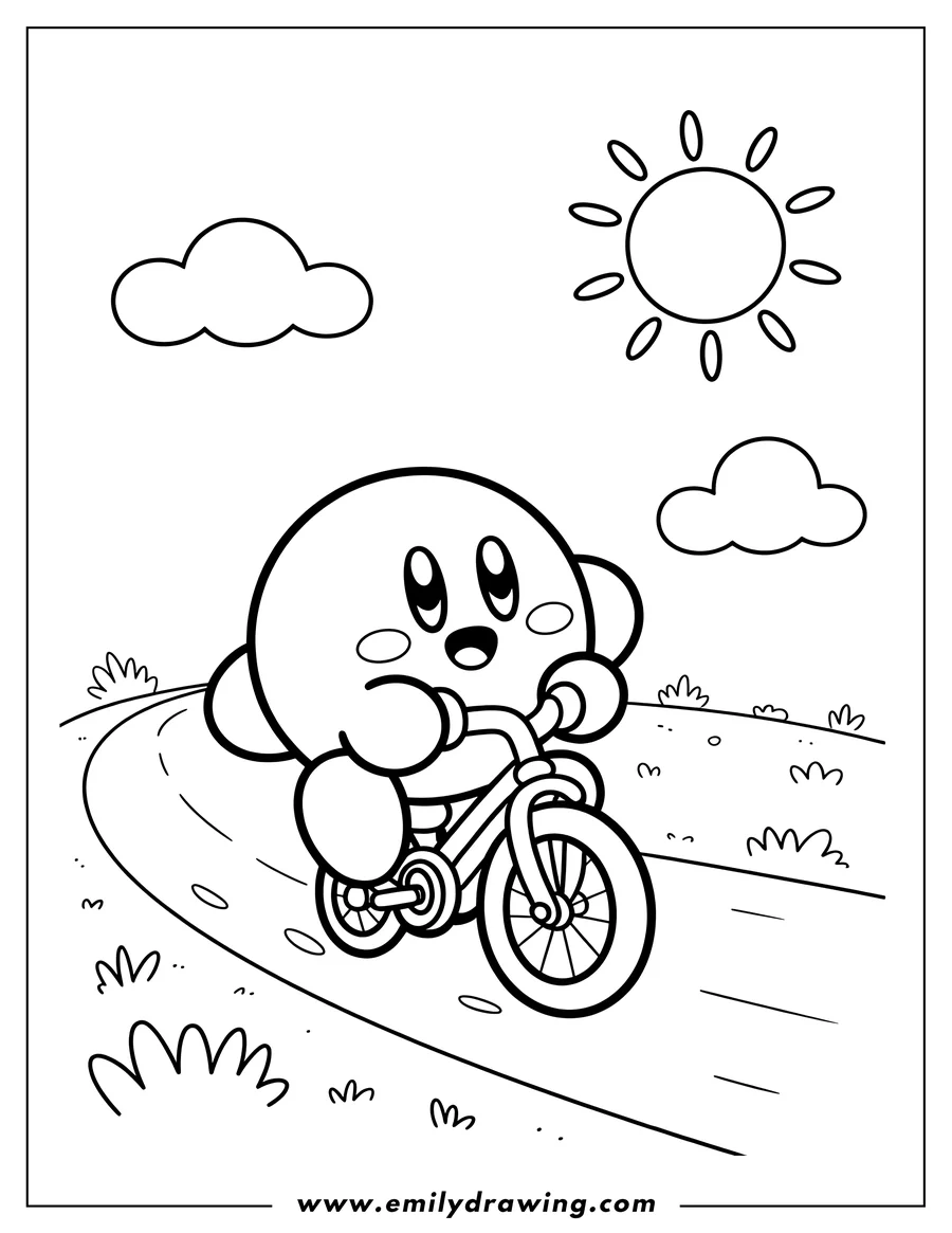 Line art of Kirby riding a bicycle on a winding path under the sun and clouds.