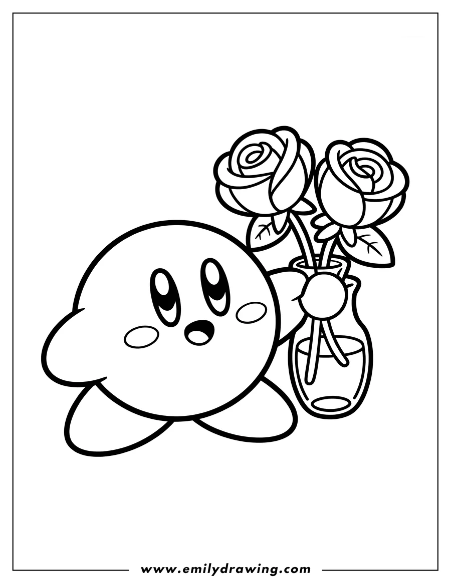 Outline of Kirby holding a clear vase with two blooming roses in it.