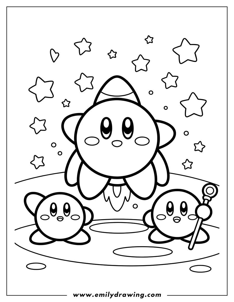 Line art of Kirby in a spaceship taking off from the moon, surrounded by stars, with two other Kirby characters standing on the moon below.