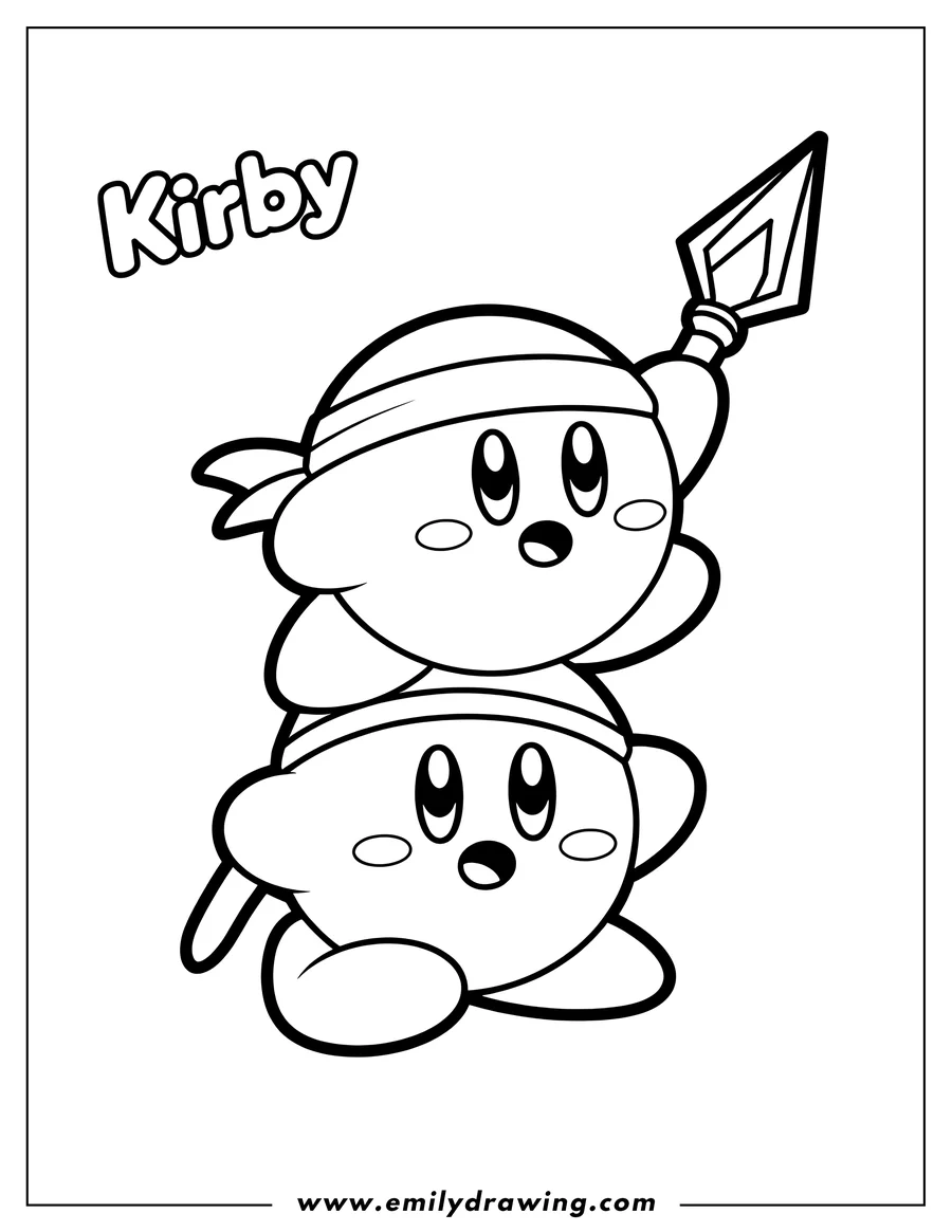 Line art of two Kirby characters stacked on top of each other, the top one wearing a headband and holding a spear, and the bottom one with its arms out.