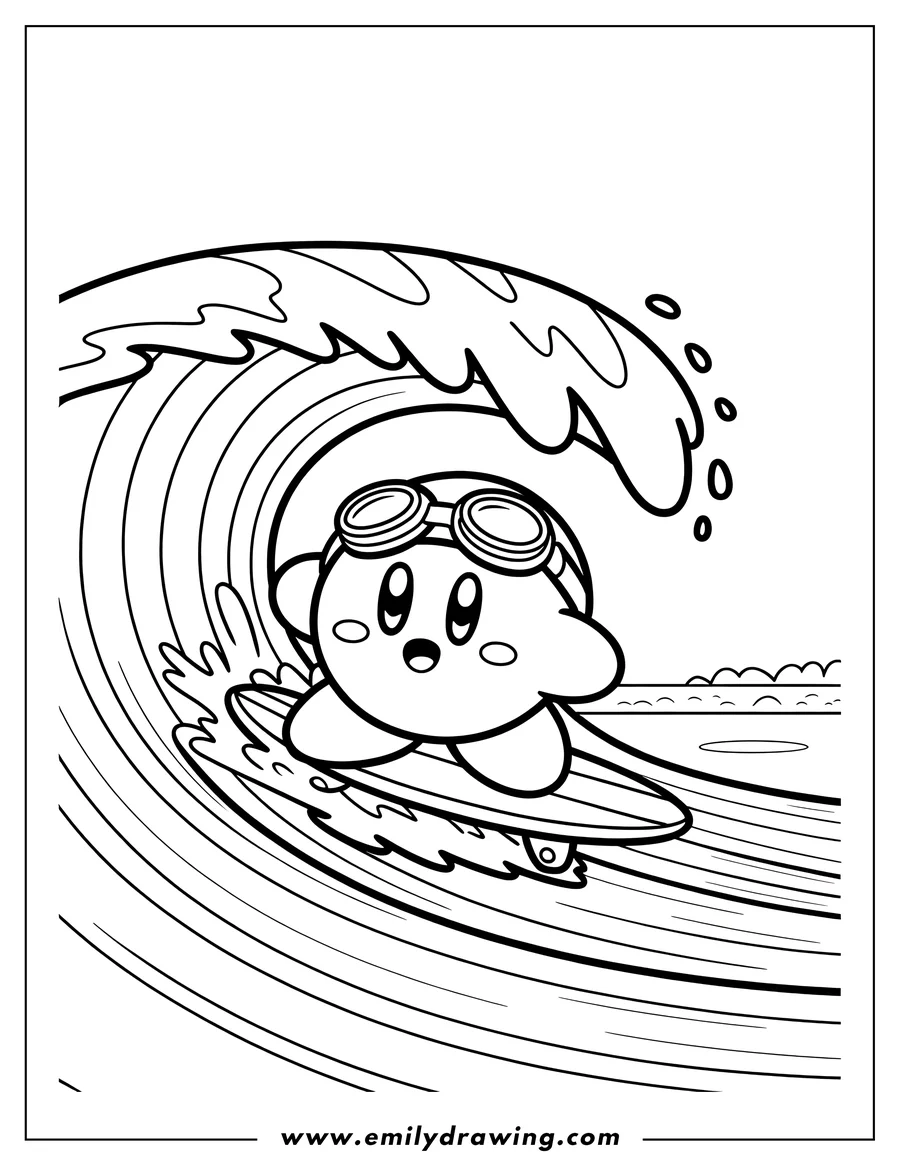 Line art of Kirby wearing goggles and surfing on a large ocean wave.