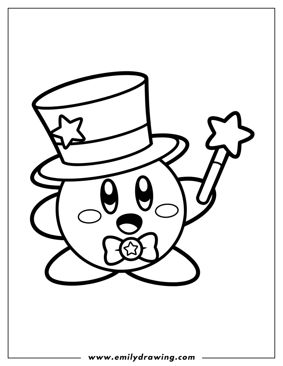 Outline of Kirby wearing a top hat with a star, a bow tie, and holding a magic star wand.