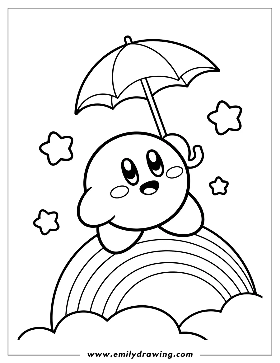 Kirby, the pink puffball character, holding a small umbrella and sitting on top of a rainbow with clouds below and stars in the background.
