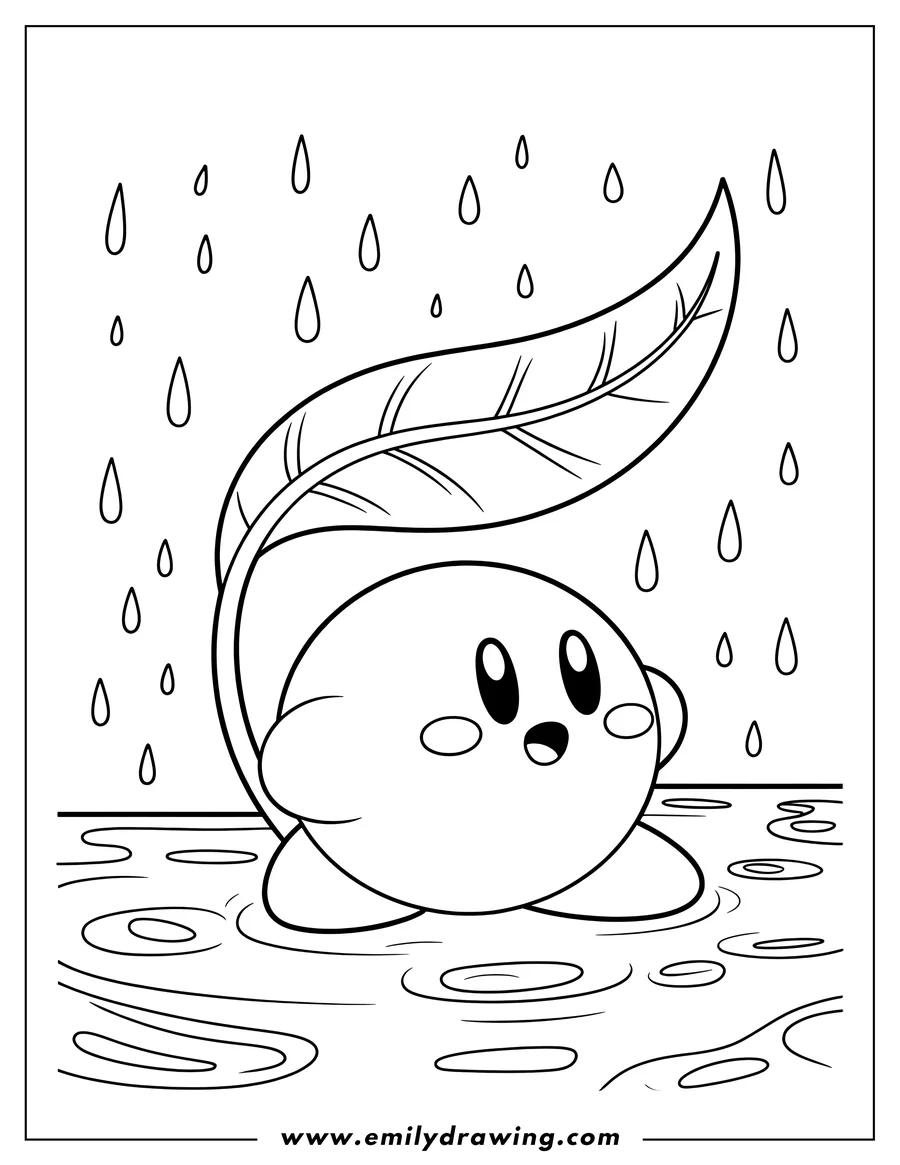 Kirby character standing in a rain puddle, using a large leaf as an umbrella, with raindrops falling around him.