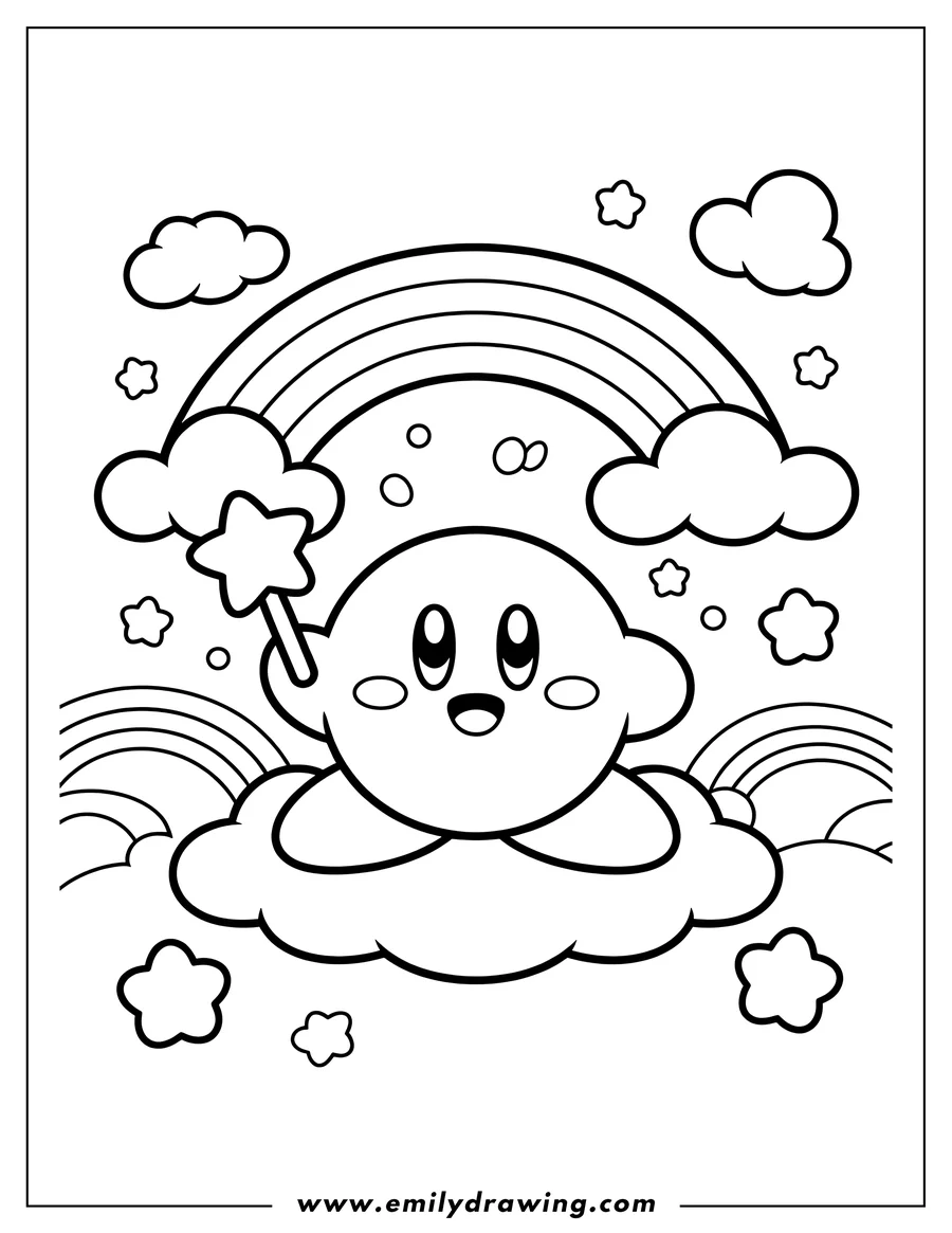 Outline of Kirby holding a star wand, sitting on a cloud, with a large rainbow above and a smaller one below, surrounded by smaller clouds and stars.