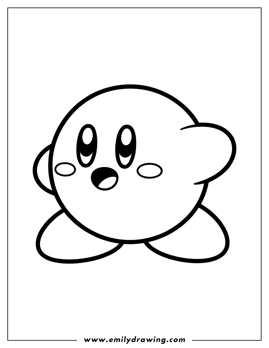 Line art of Kirby, the round pink character, with big eyes and a small open mouth, waving one arm.