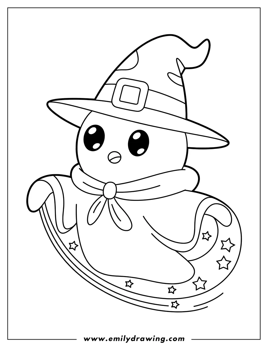 Line art of Kirby wearing a witch hat with a buckle and a flowing cloak adorned with stars, suitable for coloring.
