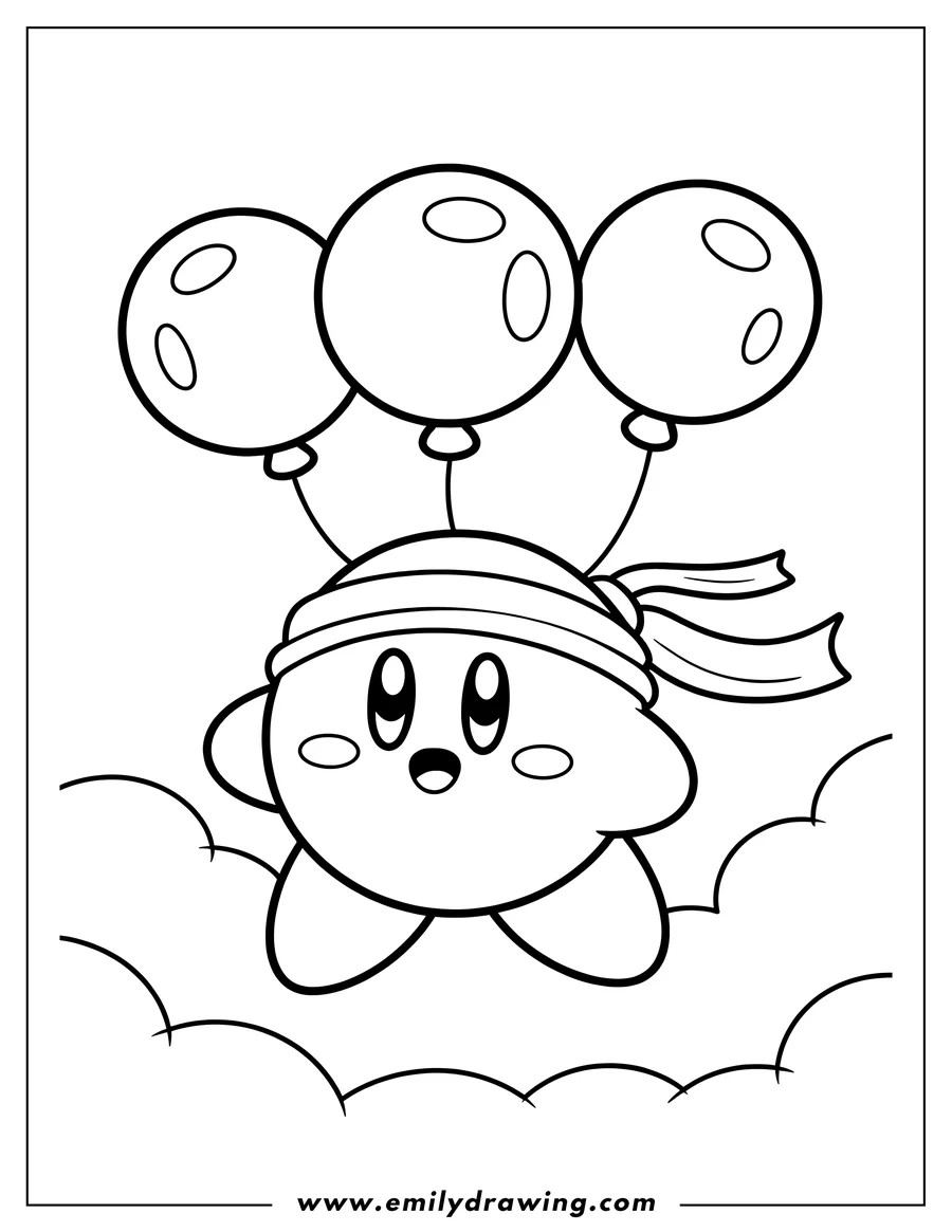 Line art of Kirby, the pink puffball character, wearing a headband and holding three balloons, floating among clouds.
